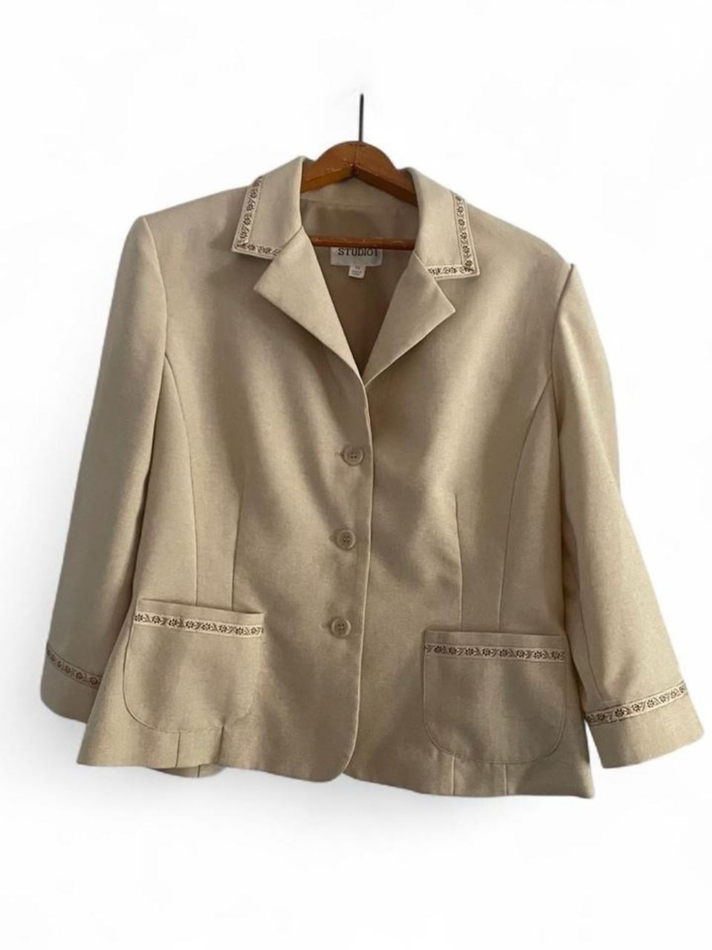 Studio I Vintage Women's 14 Beige Embroidered Cottagecore Office Neutral Blazer